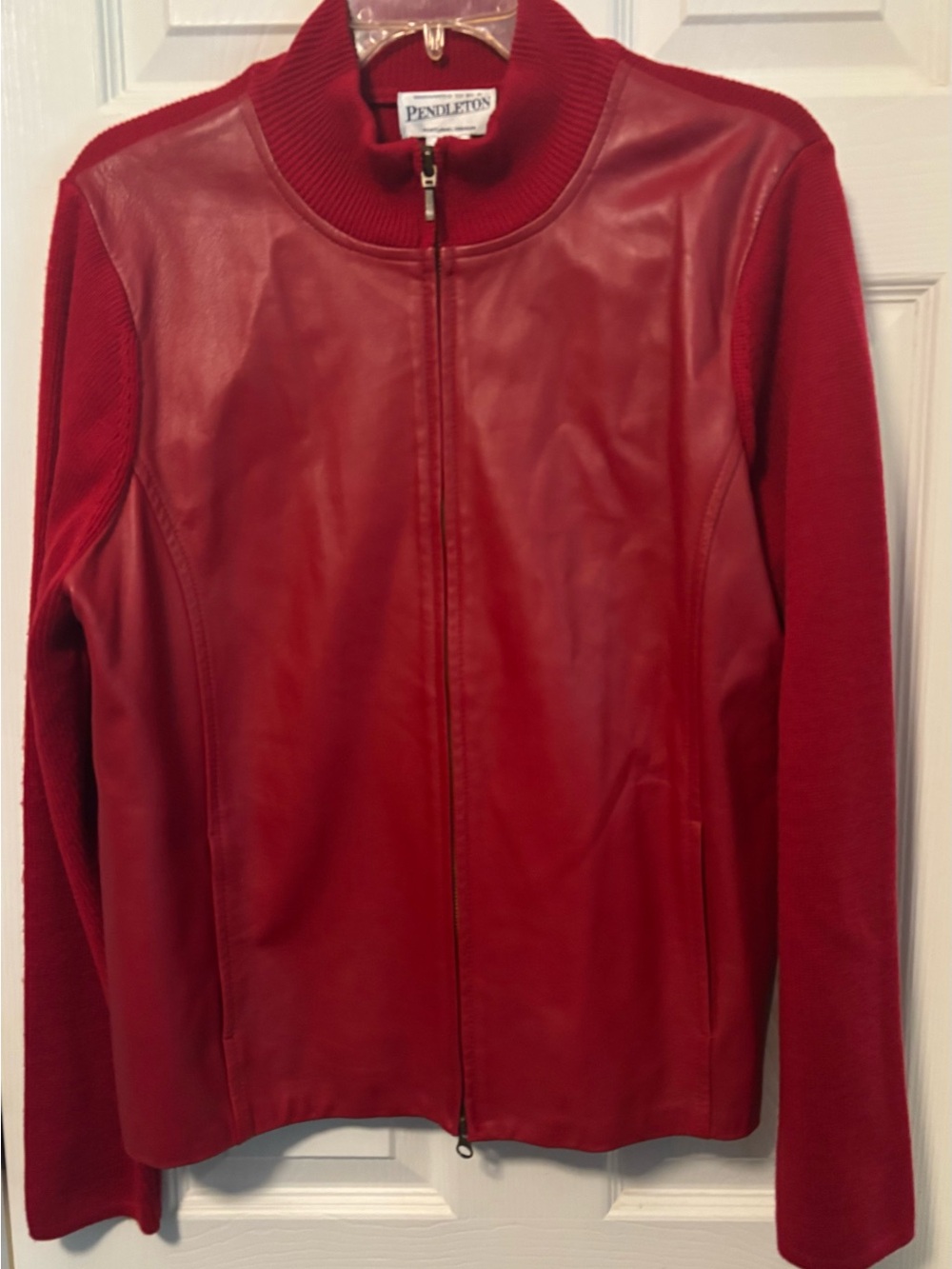 Pendleton Red Leather and Knit Zip-Up Bomber Jacket